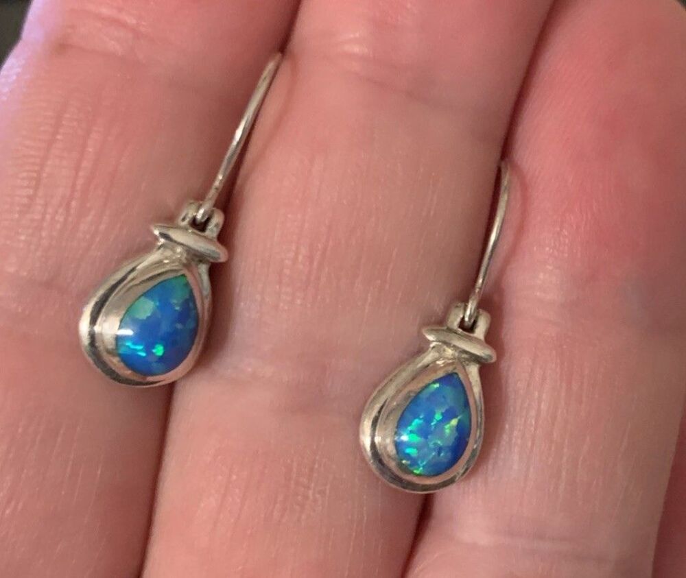 Vintage Sterling Silver Blue Fire Opal Teardrop Earrings Pear Hook Dangle Drop